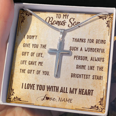 Stainless Cross Necklace | Personalized To My Bonus Son Necklace From Stepmom Stepdad I Love You With All My Heart Stepson Birthday Christmas Graduation Customized Gift Box Message Card | teecentury