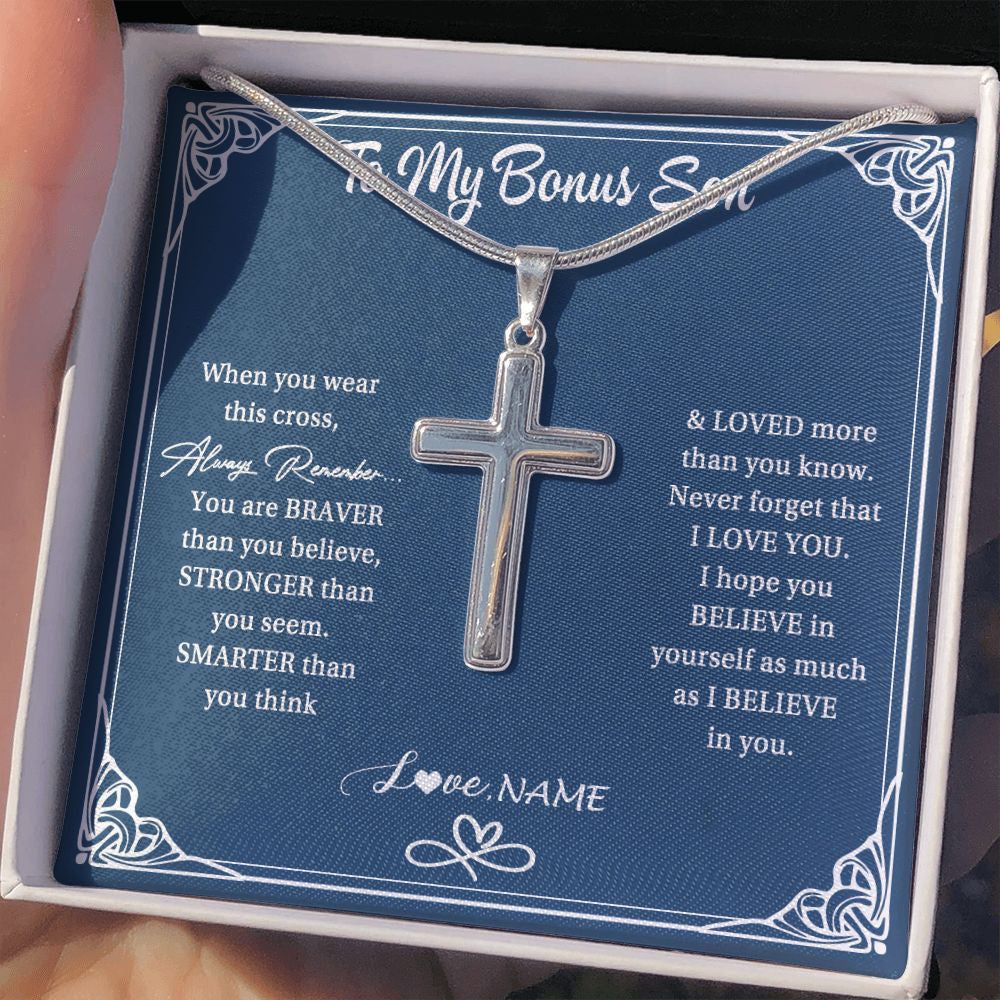 Stainless Cross Necklace | Personalized To My Bonus Son Necklace From Stepmom Stepdad When Your Wear This Always Remember Stepson Birthday Christmas Customized Gift Box Message Card | teecentury