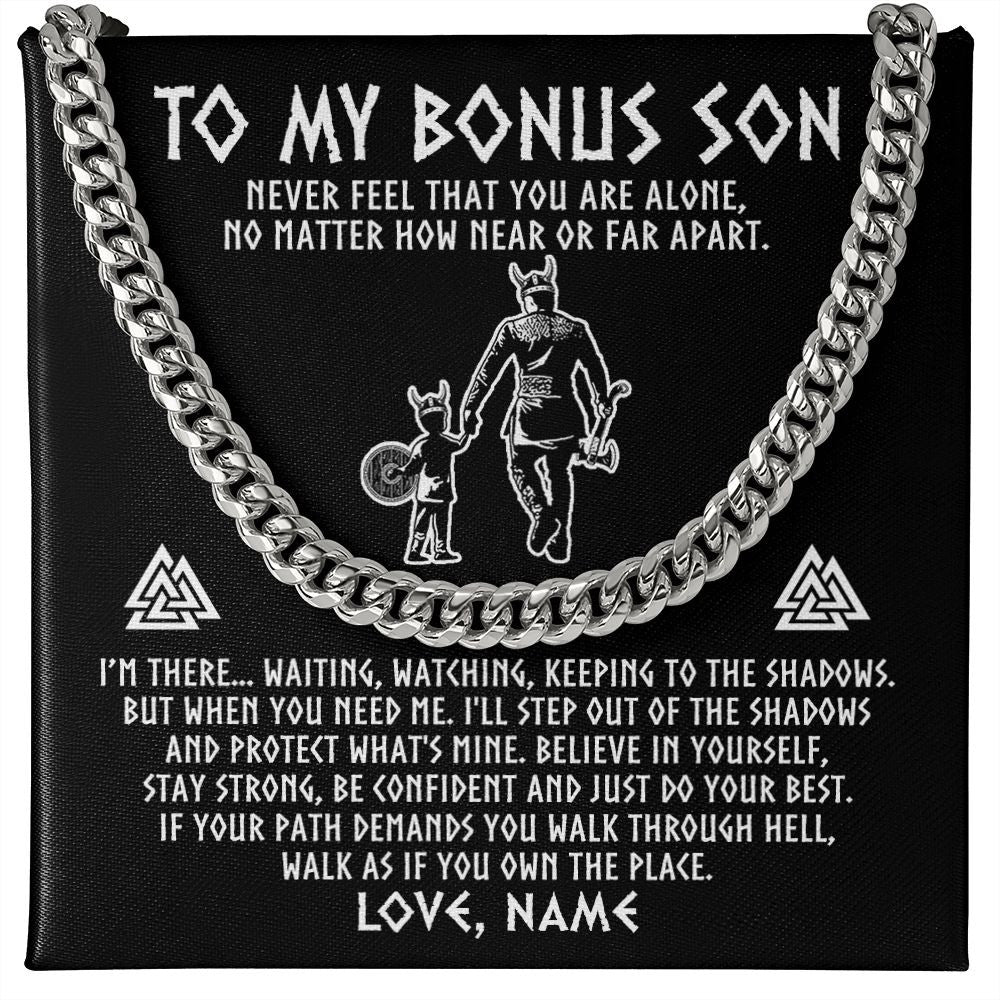 Cuban Link Chain Necklace | Personalized To My Bonus Son Necklace Viking Never Feel You Are Alone Scandinavian Runes Viking Stepson Birthday Christmas Customized Gift Box Message Card | teecentury