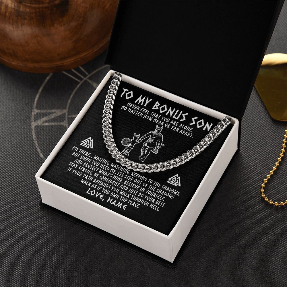 Cuban Link Chain Necklace | Personalized To My Bonus Son Necklace Viking Never Feel You Are Alone Scandinavian Runes Viking Stepson Birthday Christmas Customized Gift Box Message Card | teecentury