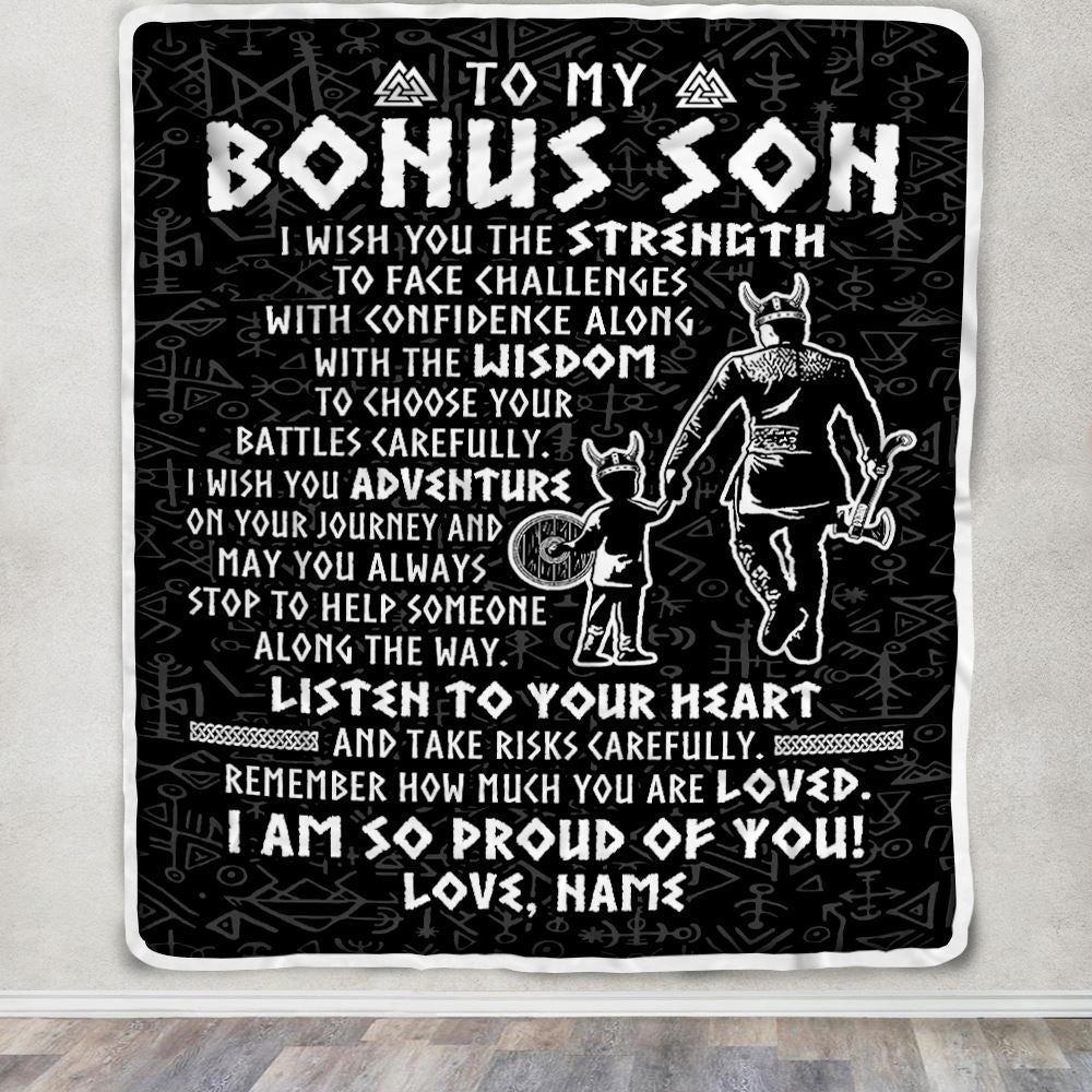 Personalized To My Bonus Son Viking Blanket From Stepdad I Am So Proud Of You Runes Viking Stepson Birthday Christmas Customized Bed Fleece Blanket | teecentury