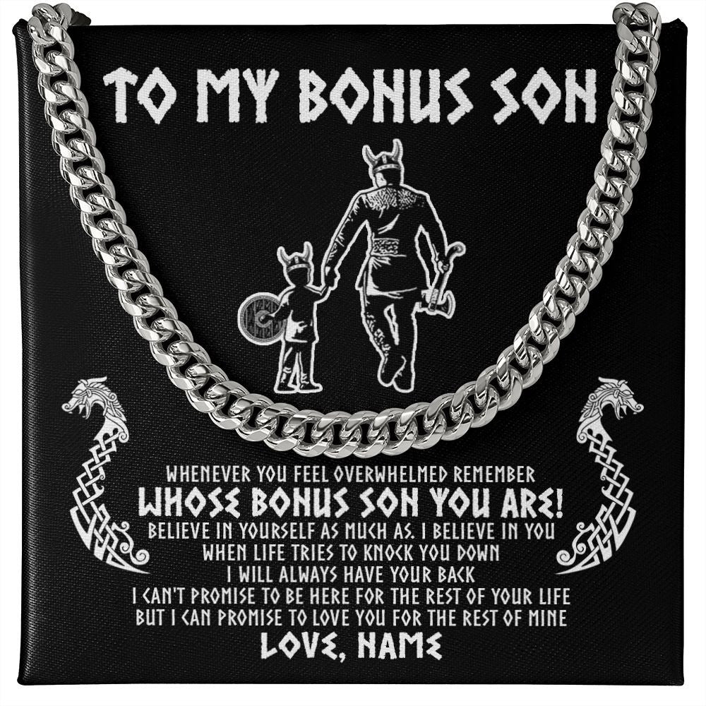 Cuban Link Chain Necklace | Personalized To My Bonus Son Viking Necklace From Step Dad Whenever You Feel Overwhelmed Stepson Birthday Christmas Customized Gift Box Message Card | teecentury