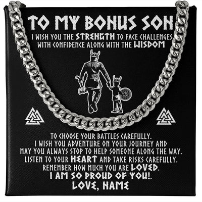 Cuban Link Chain Necklace | Personalized To My Bonus Son Viking Necklace From Stepdad I Am So Proud Of You Runes Viking Stepson Birthday Christmas Customized Gift Box Message Card | teecentury