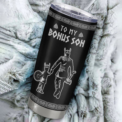 Personalized To My Bonus Son Viking Tumbler From Stepfather Stainless Steel Cup I Am So Proud Of You Runes Viking Stepson Birthday Christmas Travel Mug | teecentury