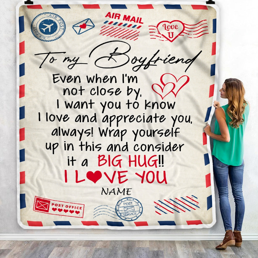 Personalized To My Boyfriend Blanket From Girlfriend I Love You Hugs Air Mail Letter Boyfriend Birthday Valentine's Day Christmas Customized Fleece Blanket Blanket | Teecentury.com