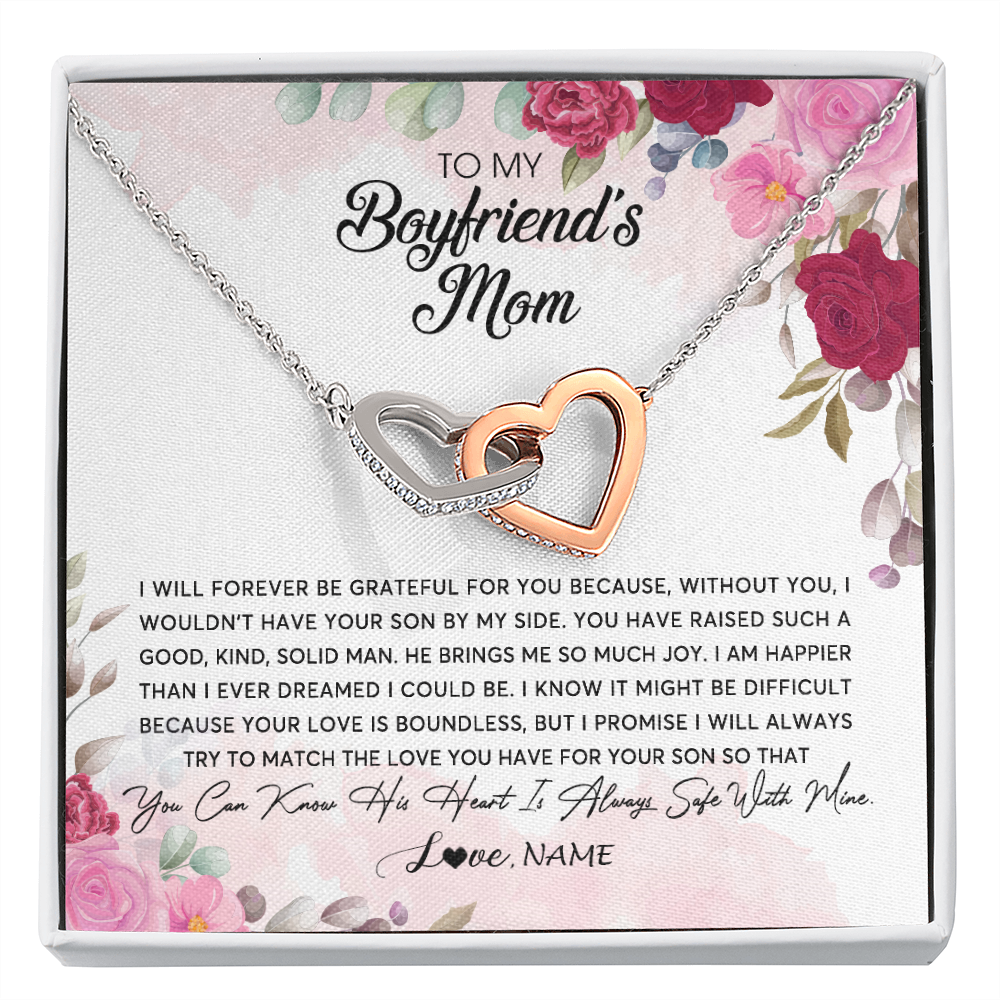 Interlocking Hearts Necklace | Personalized To My Boyfriend's Mom Necklace Flower Forever Be Grateful Boyfriend's Mom Birthday Mother's Day Pendant Jewelry Customized Gift Box Message Card | teecentury