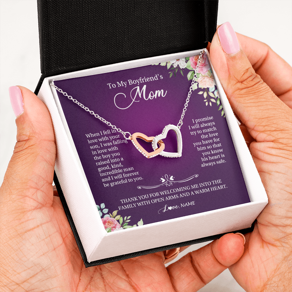 Interlocking Hearts Necklace | Personalized To My Boyfriend's Mom Necklace I Will Forever Be Grateful To You Boyfriend's Mom Mother's Day Pendant Jewelry Customized Gift Box Message Card | teecentury