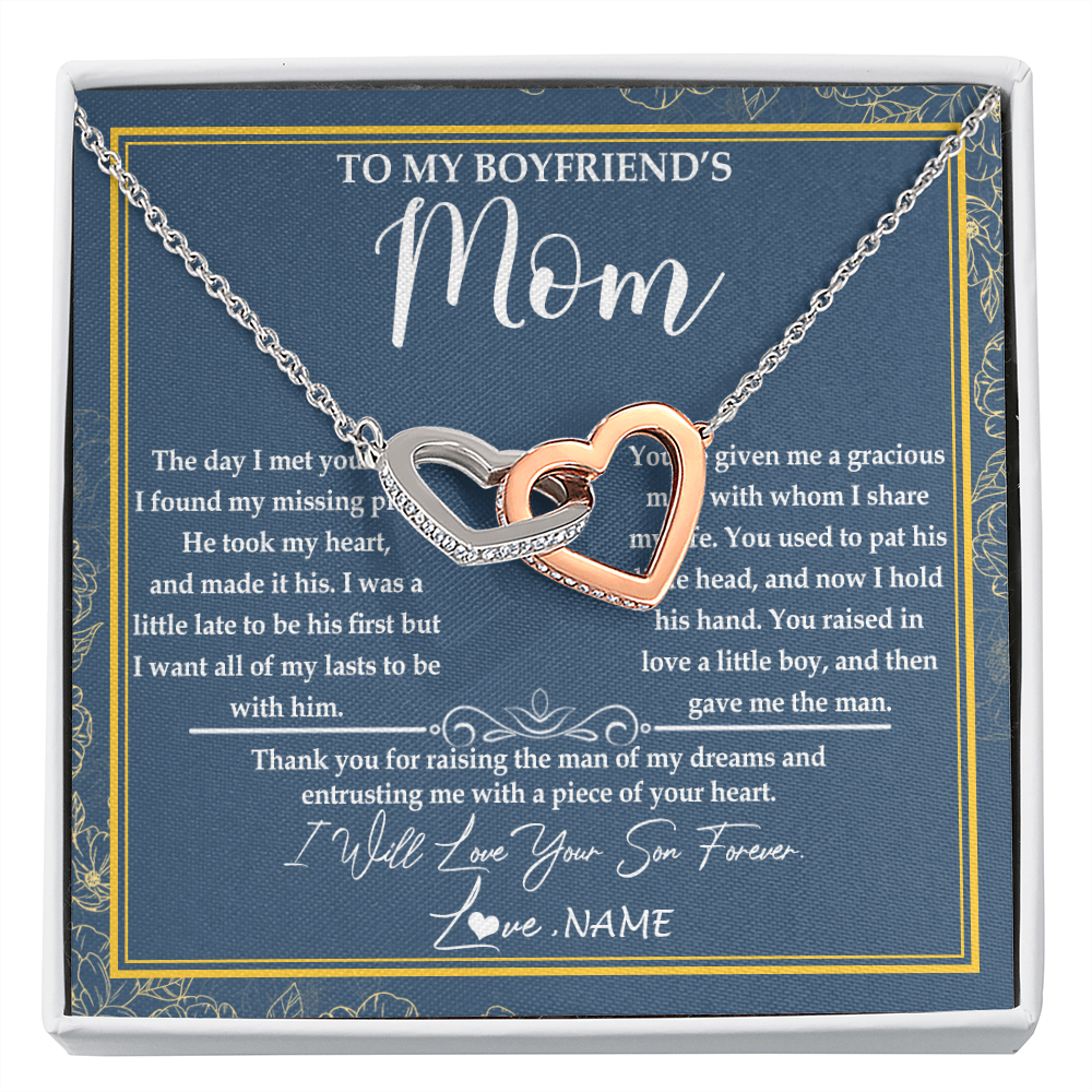 Interlocking Hearts Necklace | Personalized To My Boyfriend's Mom Necklace Thank You For Rasing The Man Boyfriends Mom Mother's Day Birthday Pendant Jewelry Customized Gift Box Message Card | teecentury