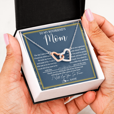 Interlocking Hearts Necklace | Personalized To My Boyfriend's Mom Necklace Thank You For Rasing The Man Boyfriends Mom Mother's Day Birthday Pendant Jewelry Customized Gift Box Message Card | teecentury