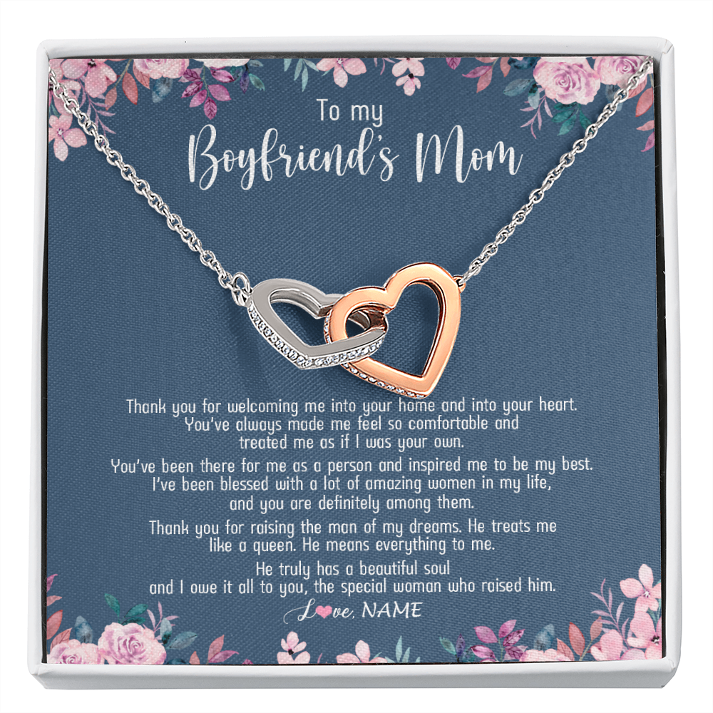 Interlocking Hearts Necklace | Personalized To My Boyfriend's Mom Necklace Thank You For Welcoming Me Boyfriends Mom Mother's Day Birthday Pendant Jewelry Customized Gift Box Message Card | teecentury