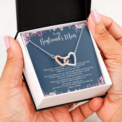 Interlocking Hearts Necklace | Personalized To My Boyfriend's Mom Necklace Thank You For Welcoming Me Boyfriends Mom Mother's Day Birthday Pendant Jewelry Customized Gift Box Message Card | teecentury