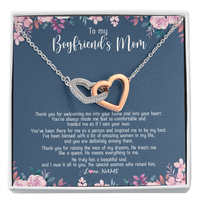 Interlocking Hearts Necklace | Personalized To My Boyfriend's Mom Necklace Thank You For Welcoming Me Boyfriends Mom Mother's Day Birthday Pendant Jewelry Customized Gift Box Message Card | teecentury