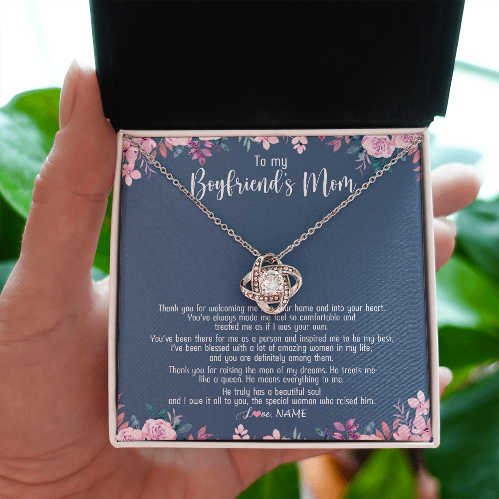 Love Knot Necklace | Personalized To My Boyfriend's Mom Necklace Thank You For Welcoming Me Boyfriends Mom Mother's Day Birthday Pendant Jewelry Customized Gift Box Message Card | teecentury