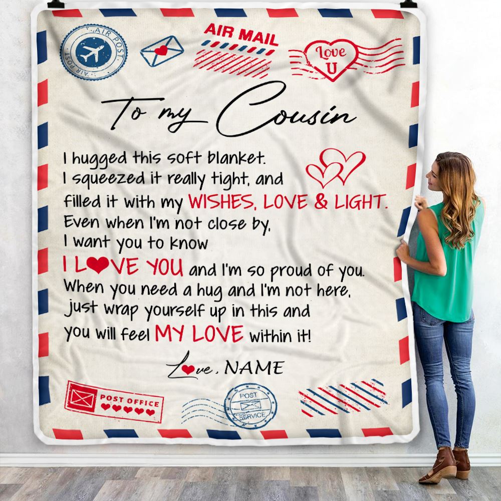 Personalized To My Cousin Blanket Air Mail Letter I Love You Cousin Birthday Christmas Thanksgiving Graduation Customized Fleece Throw Blanket | teecentury