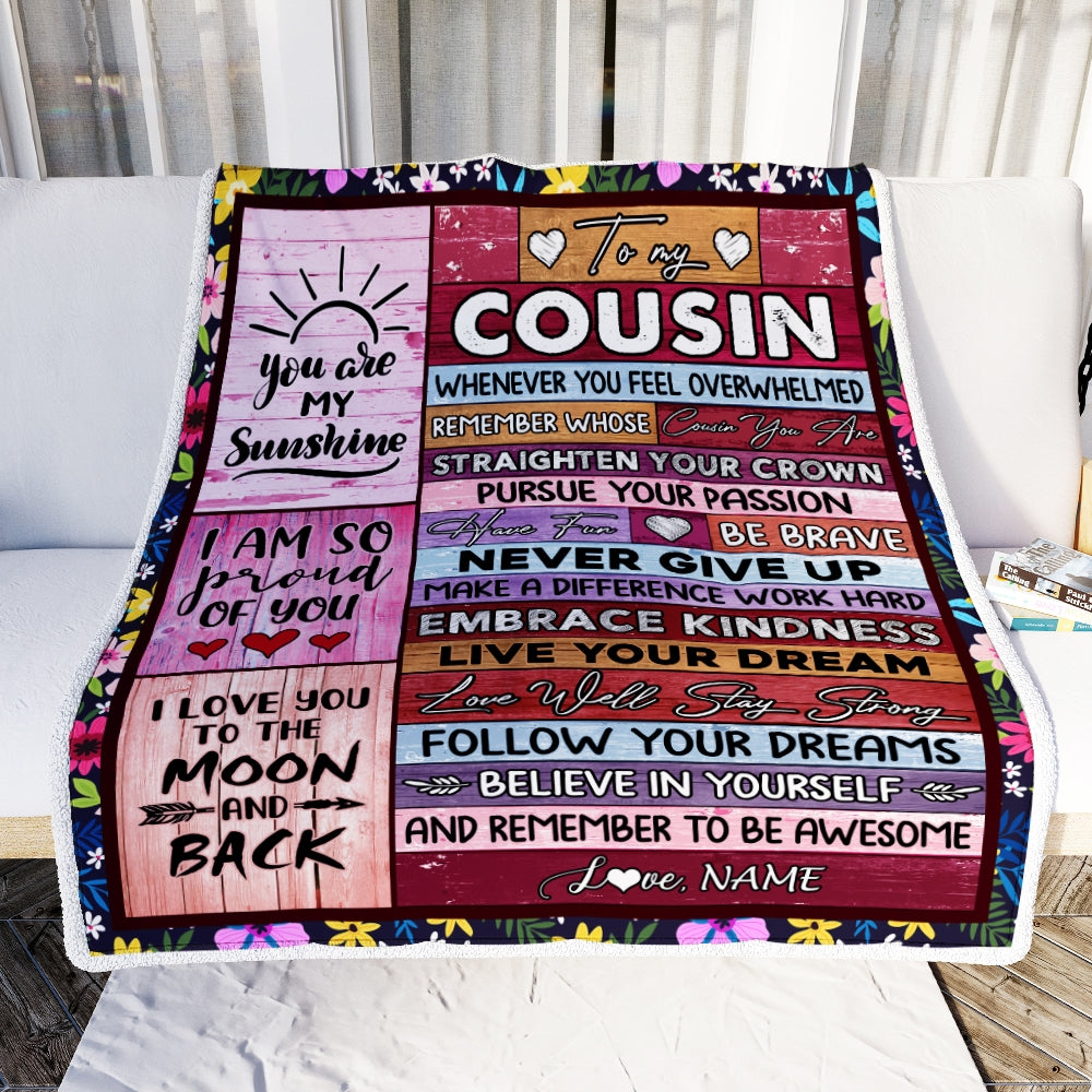 Personalized To My Cousin Blanket Believe In Yourself Awesome Pink Wood Cousin Birthday Graduation Christmas Customized Fleece Blanket Blanket | Teecentury.com