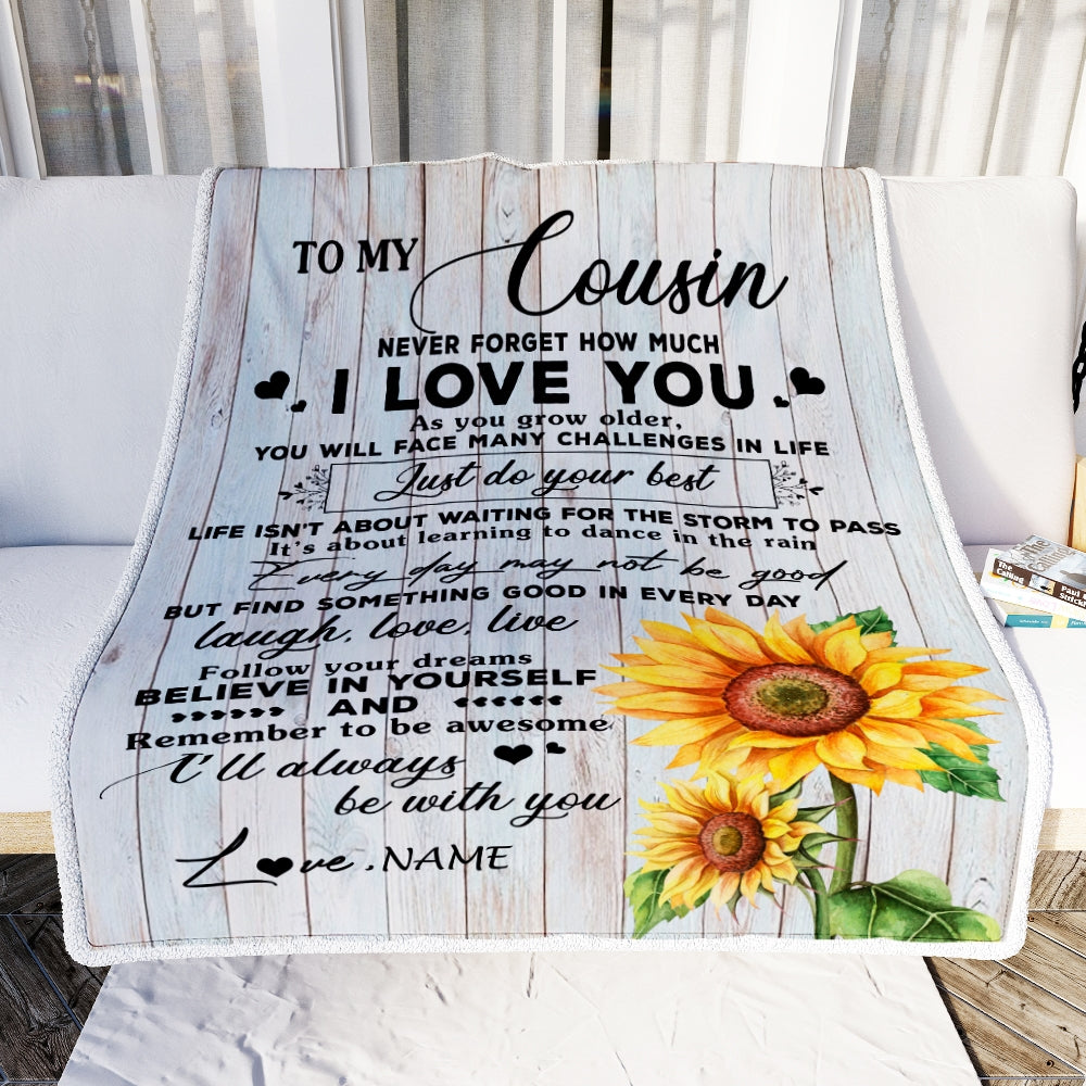 Personalized To My Cousin Blanket Family Sunflower Wood Laugh Love Live Cousin Birthday Graduation Christmas Customized Bed Quilt Fleece Throw Blanket | teecentury