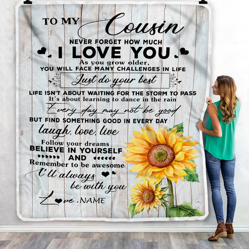 Personalized To My Cousin Blanket Family Sunflower Wood Laugh Love Live Cousin Birthday Graduation Christmas Customized Bed Quilt Fleece Throw Blanket | teecentury
