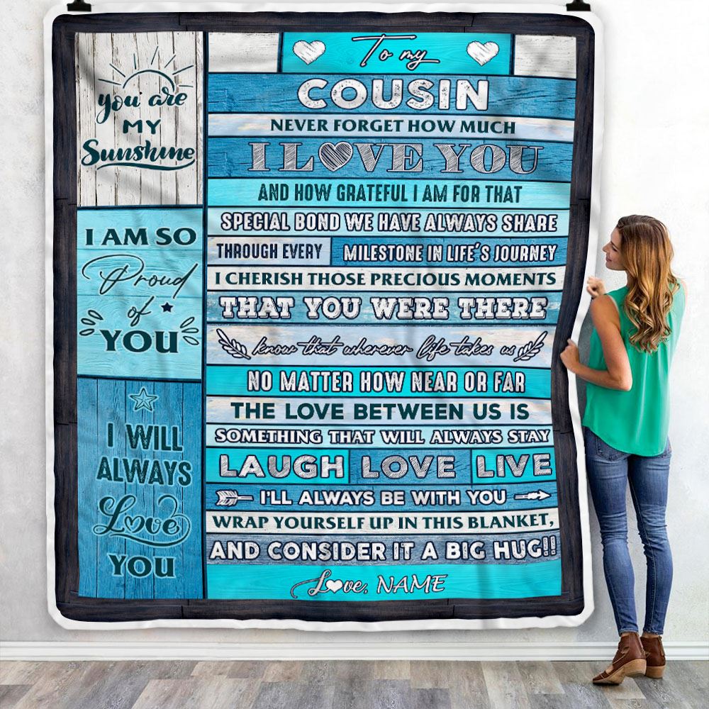 Personalized To My Cousin Blanket From Family Wood I Love You It A Big Hug Cousin Birthday Graduation Christmas Customized Bed Fleece Throw Blanket | teecentury