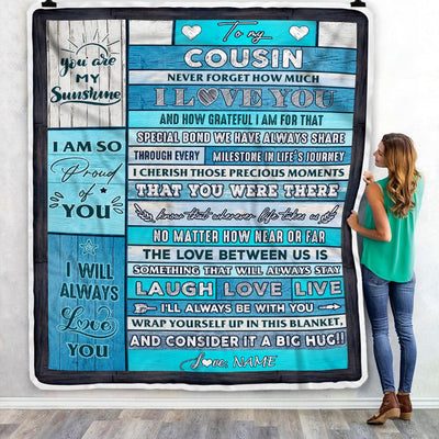 Personalized To My Cousin Blanket From Family Wood I Love You It A Big Hug Cousin Birthday Graduation Christmas Customized Bed Fleece Throw Blanket | teecentury