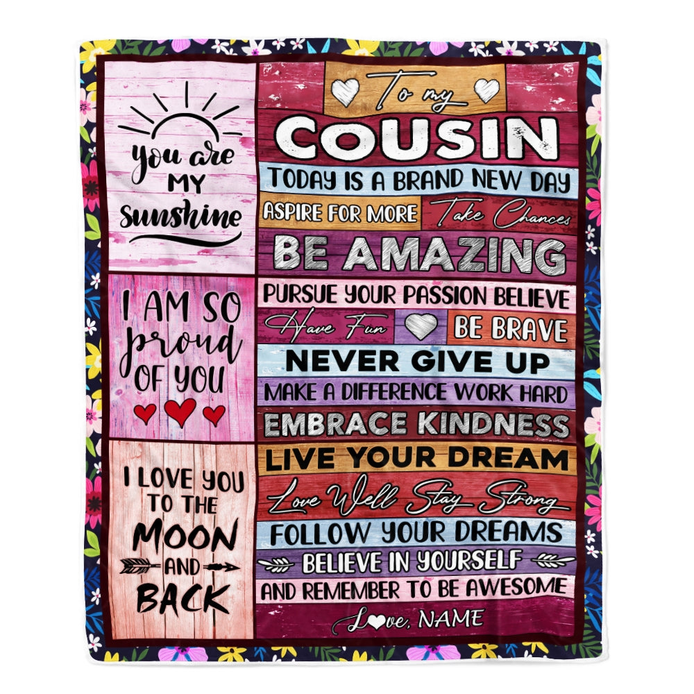 Personalized To My Cousin Blanket Never Give Up Live Your Dream Pink Wood Cousin Birthday Graduation Christmas Customized Fleece Blanket Blanket | Teecentury.com