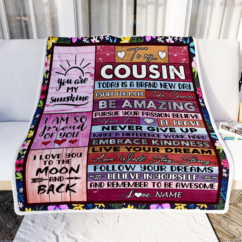 Personalized To My Cousin Blanket Never Give Up Live Your Dream Pink Wood Cousin Birthday Graduation Christmas Customized Fleece Blanket Blanket | Teecentury.com