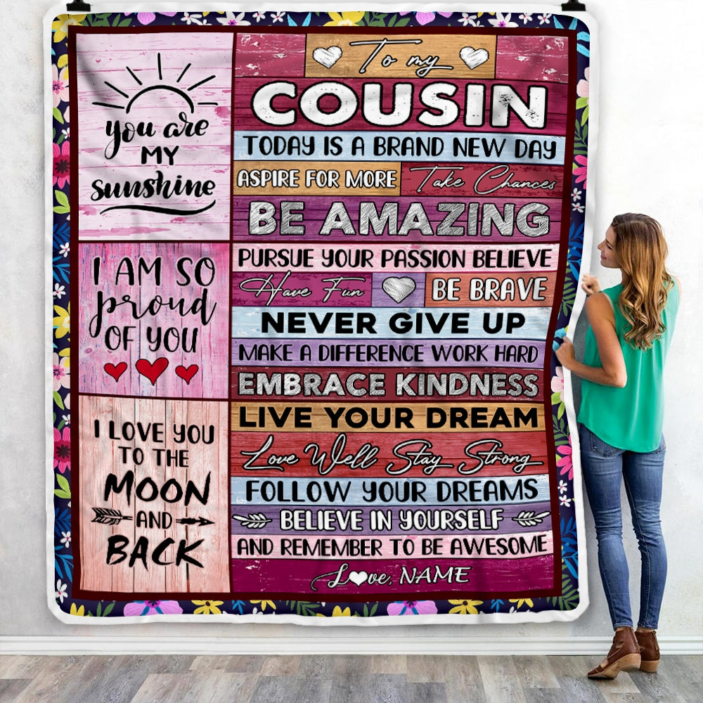Personalized To My Cousin Blanket Never Give Up Live Your Dream Pink Wood Cousin Birthday Graduation Christmas Customized Fleece Blanket Blanket | Teecentury.com
