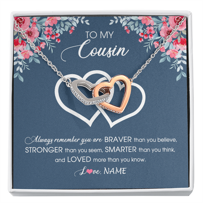 Interlocking Hearts Necklace | Personalized To My Cousin Necklace From Family Braver Stronger Smarter Loved Cousin Pendant Jewelry Birthday Graduation Christmas Customized Message Card | teecentury