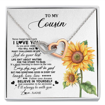 Interlocking Hearts Necklace | Personalized To My Cousin Necklace From Family Sunflower Wood Laugh Love Live Cousin Birthday Graduation Christmas Customized Gift Box Message Card | teecentury