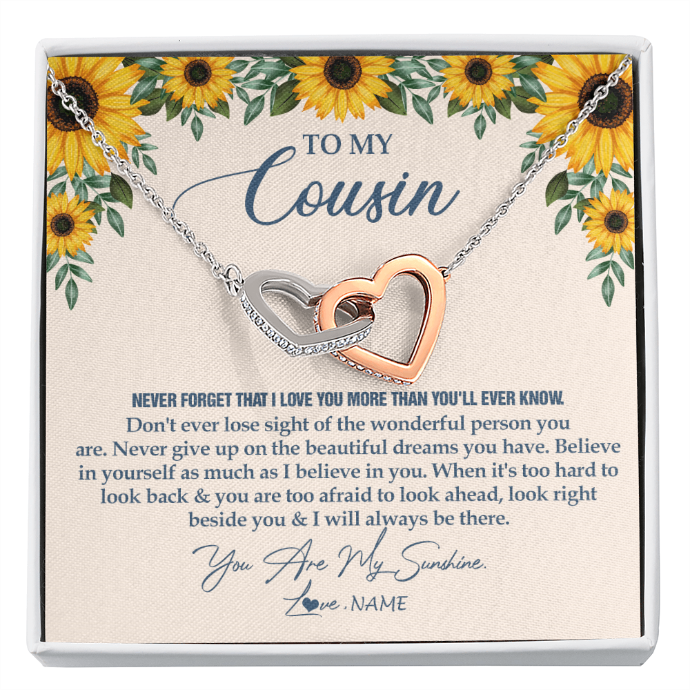 Interlocking Hearts Necklace | Personalized To My Cousin Necklace From Family Sunflower You Are My Sunshine Cousin Jewelry Graduation Birthday Christmas Customized Gift Box Message Card | teecentury