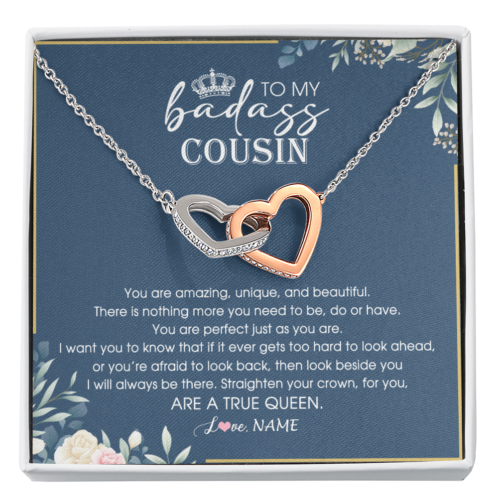 Interlocking Hearts Necklace | Personalized To My Cousin Necklace Straighten Your Crown Cousin Queen Pendant Jewelry Birthday Graduation Christmas Customized Gift Box Message Card | teecentury