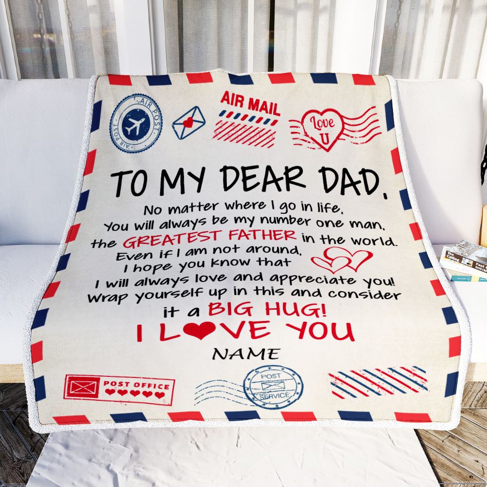 Personalized To My Dad Blanket From Daughter Son Letter Air Mail Best Dad Hug Birthday Fathers Day Thanksgiving Christmas Customized Fleece Throw Blanket | teecentury