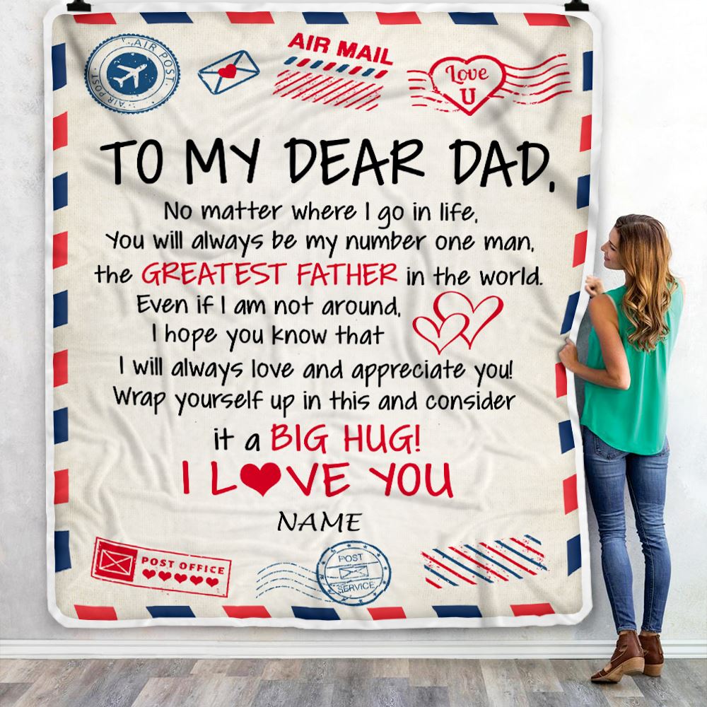 Personalized To My Dad Blanket From Daughter Son Letter Air Mail Best Dad Hug Birthday Fathers Day Thanksgiving Christmas Customized Fleece Throw Blanket | teecentury