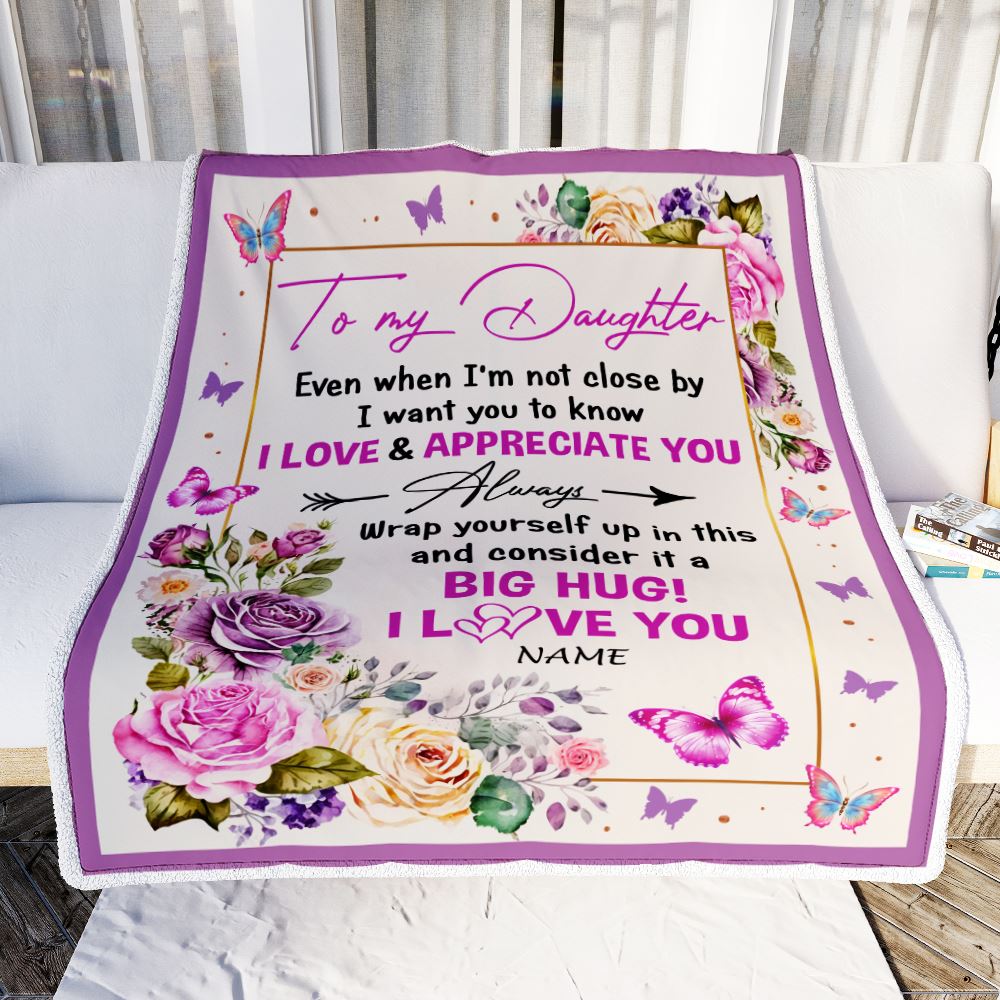 Personalized To My Daughter Blanket From Mom Dad It A Big Hug Butterfly Rose Daughter Birthday Thanksgiving Christmas Customized Fleece Throw Blanket | teecentury