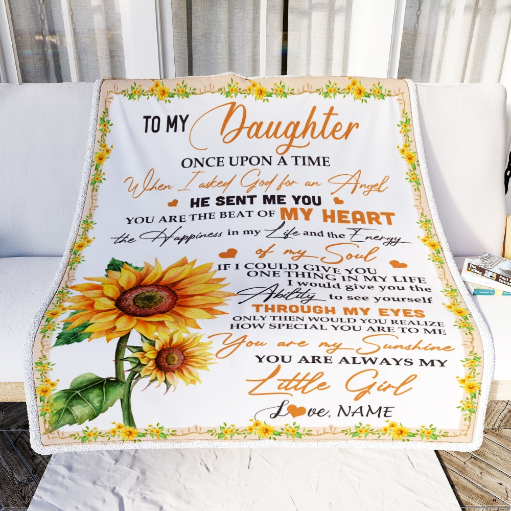 Personalized To My Daughter Blanket From Mom Dad Once Upon A Time When I Asked God For An Angel Sunflower Birthday Christmas Customized Fleece Blanket Blanket | Teecentury.com