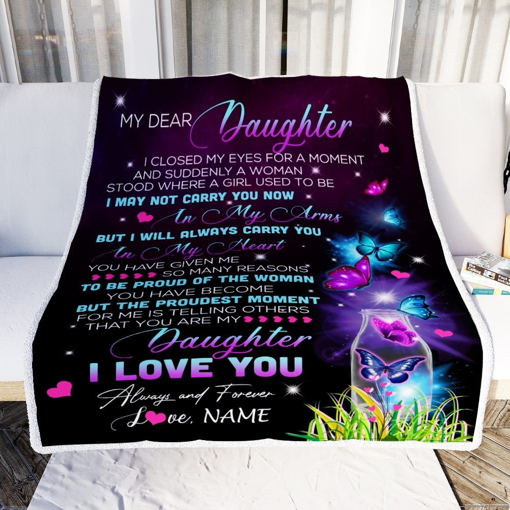 Personalized To My Daughter Blanket From Mom Mother Dad Butterfly Proud Of The Woman Daughter Birthday Christmas Customized Bed Quilt Fleece Throw Blanket Blanket | Teecentury.com