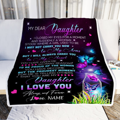 Personalized To My Daughter Blanket From Mom Mother Dad Butterfly Proud Of The Woman Daughter Birthday Christmas Customized Bed Quilt Fleece Throw Blanket Blanket | Teecentury.com
