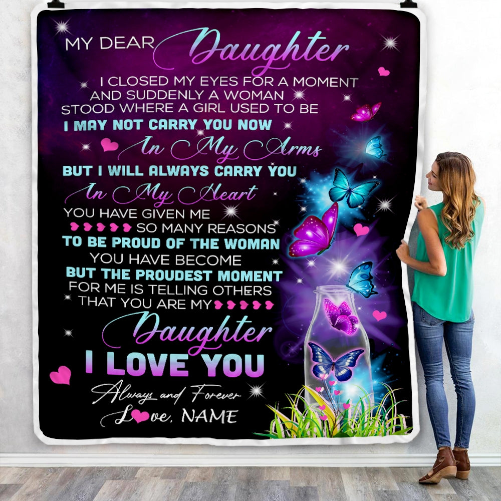 Personalized To My Daughter Blanket From Mom Mother Dad Butterfly Proud Of The Woman Daughter Birthday Christmas Customized Bed Quilt Fleece Throw Blanket Blanket | Teecentury.com