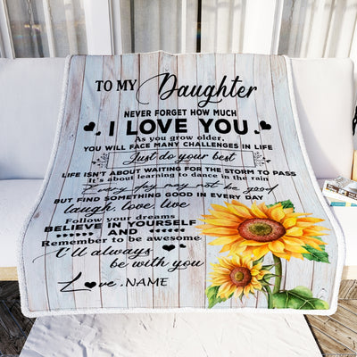 Personalized To My Daughter Blanket From Mom Mother Dad Sunflower Wood Laugh Love Live Daughter Birthday Christmas Customized Bed Quilt Fleece Throw Blanket Blanket | Teecentury.com
