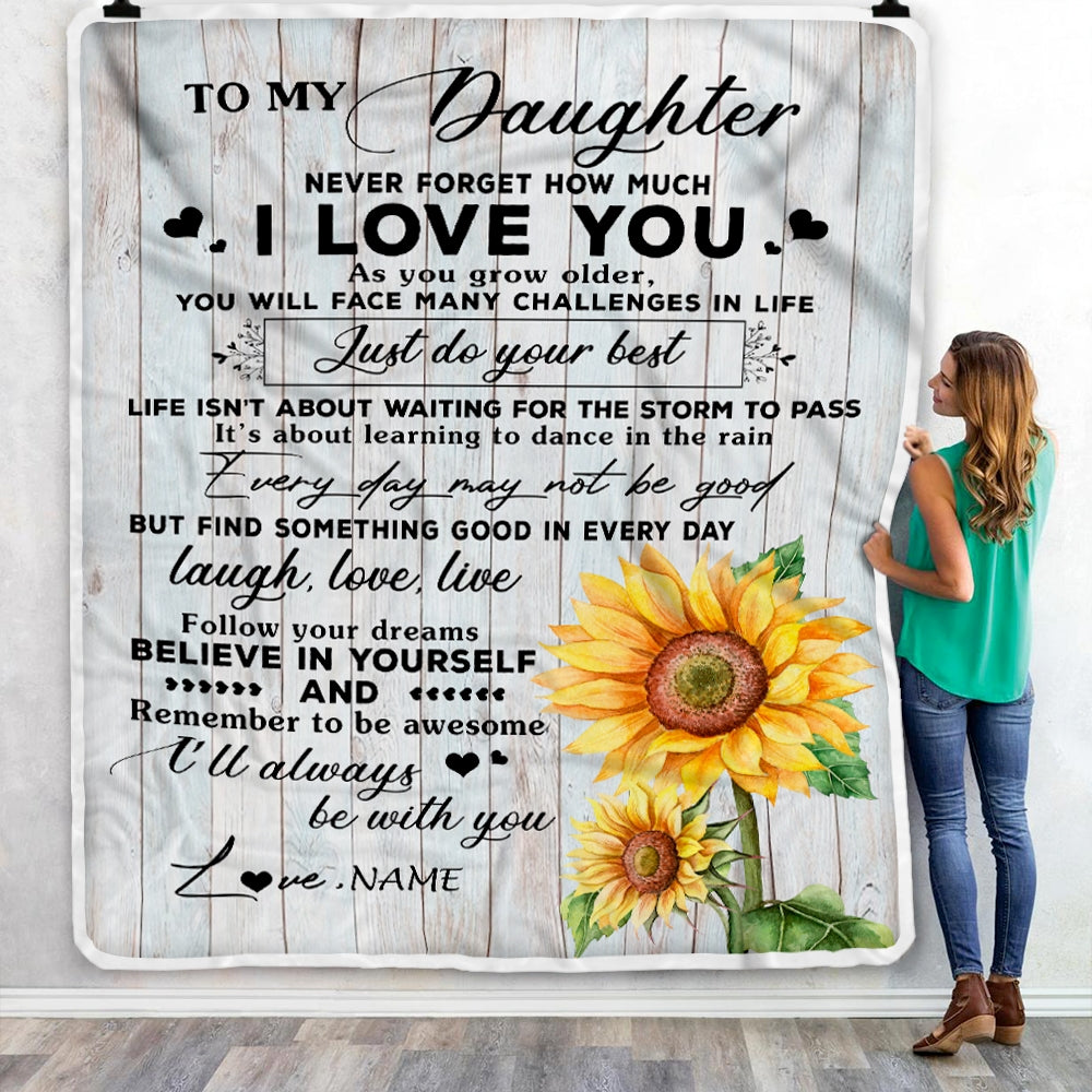 Personalized To My Daughter Blanket From Mom Mother Dad Sunflower Wood Laugh Love Live Daughter Birthday Christmas Customized Bed Quilt Fleece Throw Blanket Blanket | Teecentury.com
