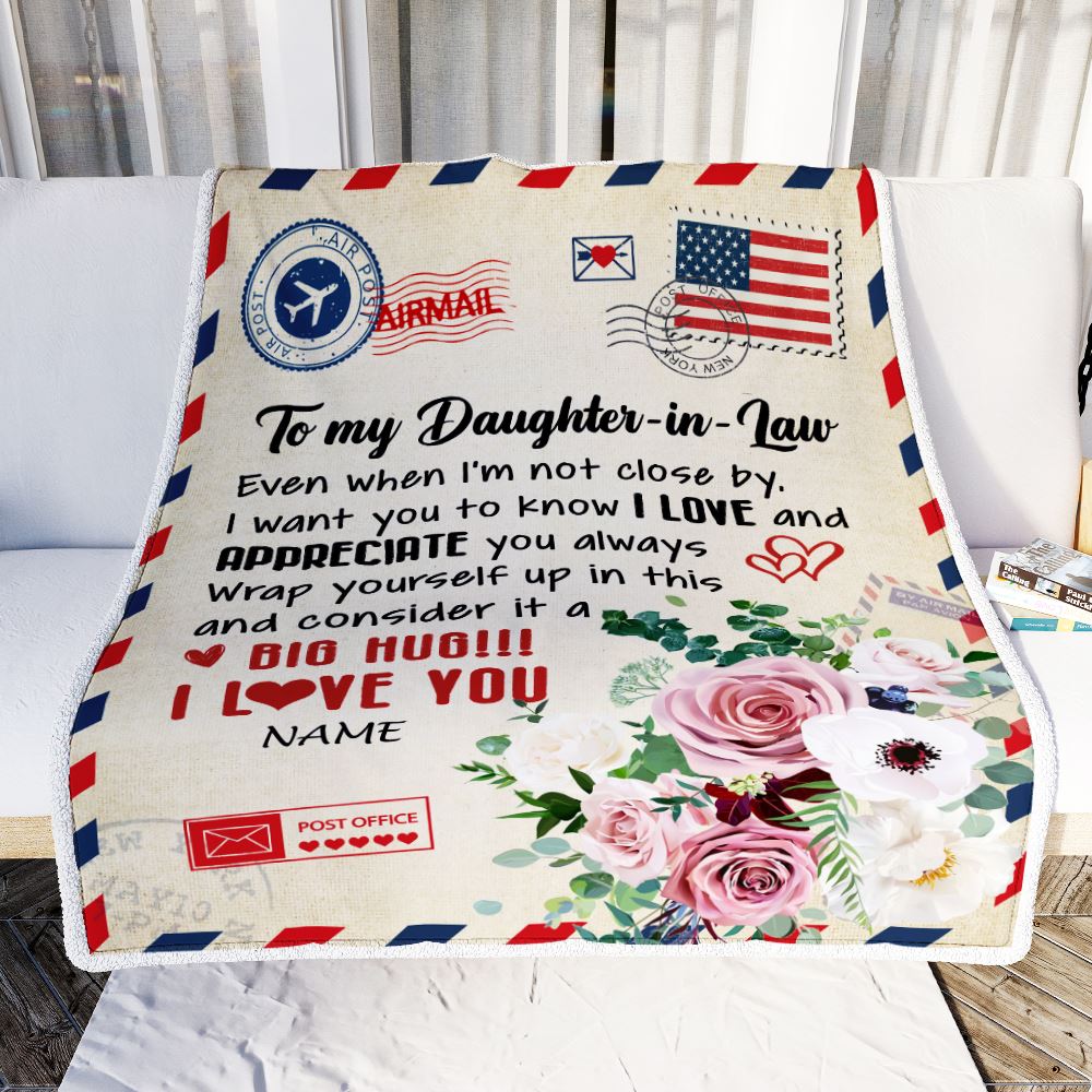 Personalized To My Daughter In Law Blanket From Mother In Law Floral Air Mail Letter I Love You Daughter In Law Birthday Christmas Fleece Throw Blanket | teecentury