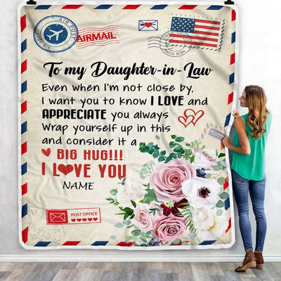 Personalized To My Daughter In Law Blanket From Mother In Law Floral Air Mail Letter I Love You Daughter In Law Birthday Christmas Fleece Throw Blanket | teecentury