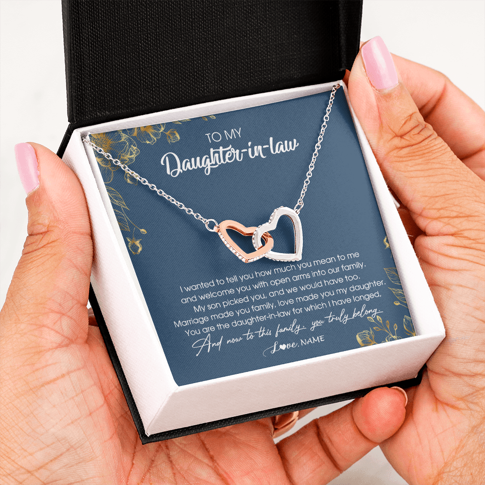 Interlocking Hearts Necklace | Personalized To My Daughter In Law Necklace Welcome Into Our Family Daughter In Law Her Wedding Day Jewelry Birthday Christmas Customized Gift Box Message Card | teecentury