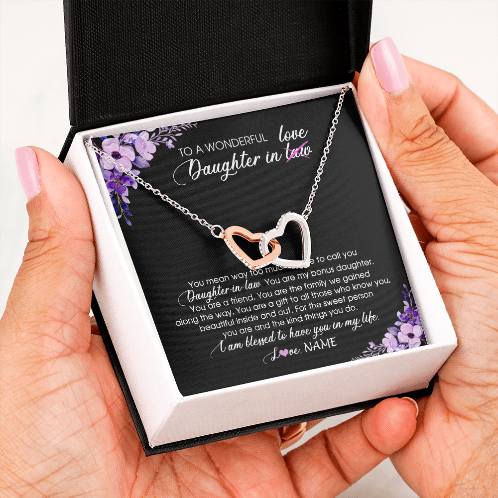 Interlocking Hearts Necklace | Personalized To My Daughter In Law Necklace from Mother In Law You Are My Bonus Daughter Jewelry Birthday Wedding Day Christmas Customized Message Card | teecentury