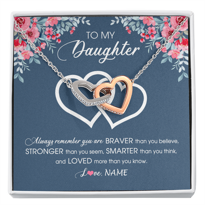 Interlocking Hearts Necklace | Personalized To My Daughter Necklace From Dad Mom Braver Stronger Smarter Loved Daughter Jewelry Birthday Graduation Christmas Customized Message Card | teecentury