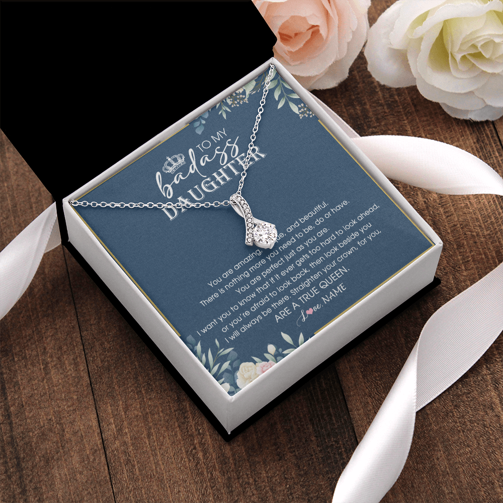 Alluring Beauty Necklace | Personalized To My Daughter Necklace From Dad Mom Straighten Your Crown Queen Daughter Jewelry Birthday Graduation Christmas Customized Gift Box Message Card | teecentury