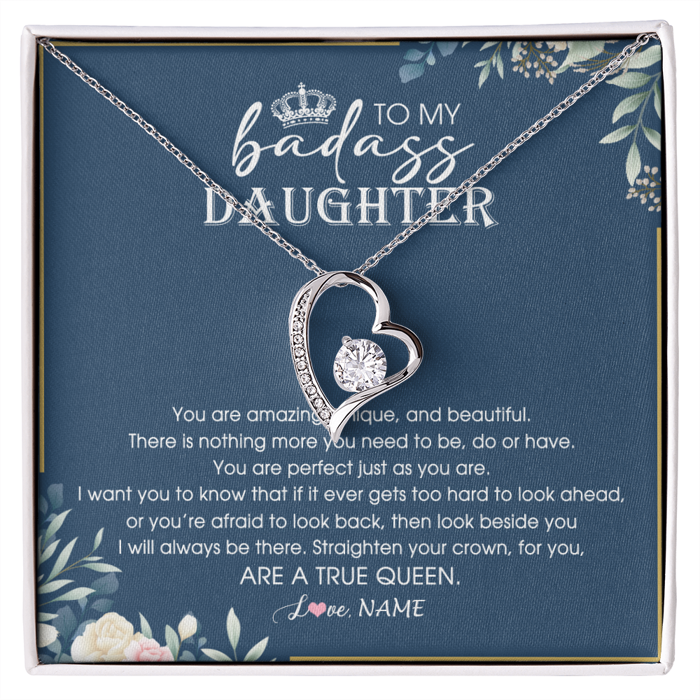 Forever Love Necklace | Personalized To My Daughter Necklace From Dad Mom Straighten Your Crown Queen Daughter Jewelry Birthday Graduation Christmas Customized Gift Box Message Card | teecentury
