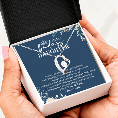 Forever Love Necklace | Personalized To My Daughter Necklace From Dad Mom Straighten Your Crown Queen Daughter Jewelry Birthday Graduation Christmas Customized Gift Box Message Card | teecentury