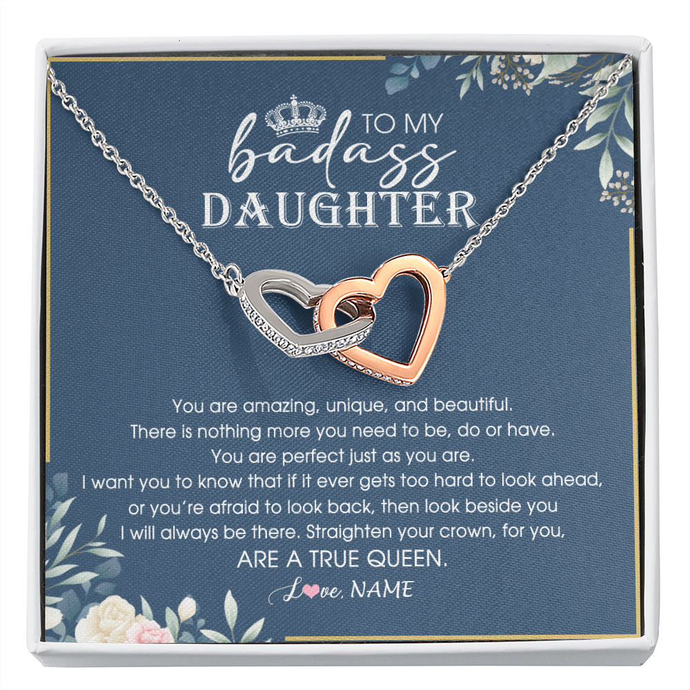Interlocking Hearts Necklace | Personalized To My Daughter Necklace From Dad Mom Straighten Your Crown Queen Daughter Jewelry Birthday Graduation Christmas Customized Gift Box Message Card | teecentury