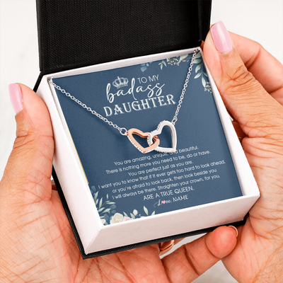 Interlocking Hearts Necklace | Personalized To My Daughter Necklace From Dad Mom Straighten Your Crown Queen Daughter Jewelry Birthday Graduation Christmas Customized Gift Box Message Card | teecentury