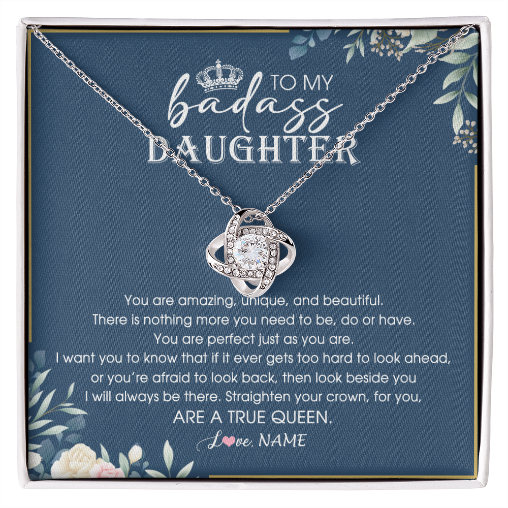 Love Knot Necklace | Personalized To My Daughter Necklace From Dad Mom Straighten Your Crown Queen Daughter Jewelry Birthday Graduation Christmas Customized Gift Box Message Card | teecentury